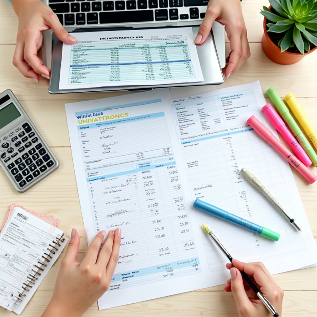 Person working on budget planning spreadsheet with calculator and financial documents