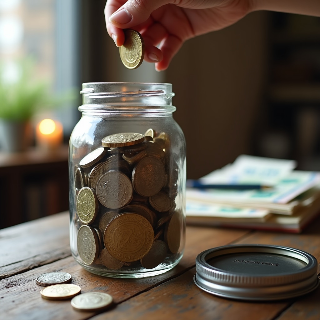 Glass jar filled with coins representing systematic saving habits