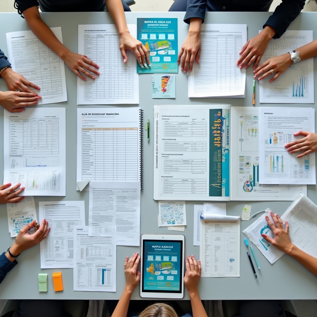 Workshop materials including templates, guides and reference documents spread on table